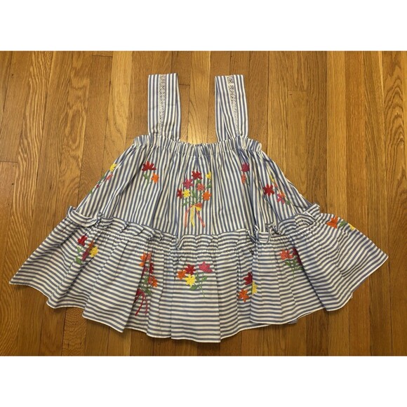 Mi Golondrina Mia Striped Tank Top Blouse Tiered Ruffle Embroidered Floral S - Picture 8 of 9